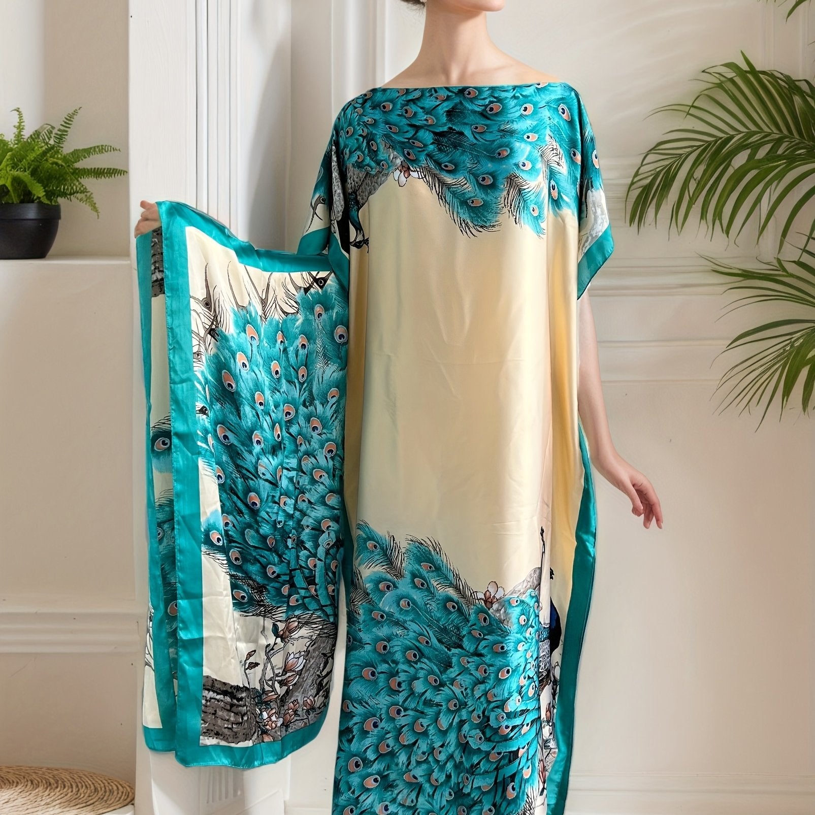 Plus Size Women's Peacock Print Maxi Dress with Scarf, Blue Beige All-Season Casual