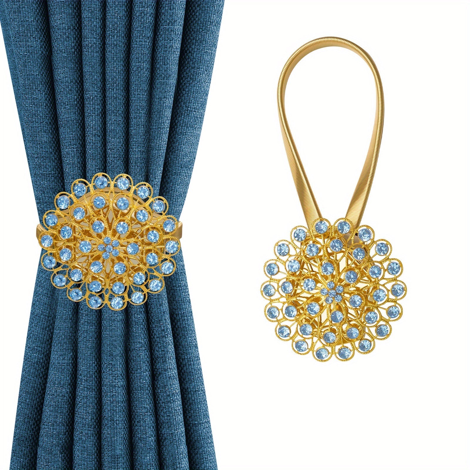 Magnetic Curtain Tieback with Crystal Flower and Elastic Spring Wire for Home Office