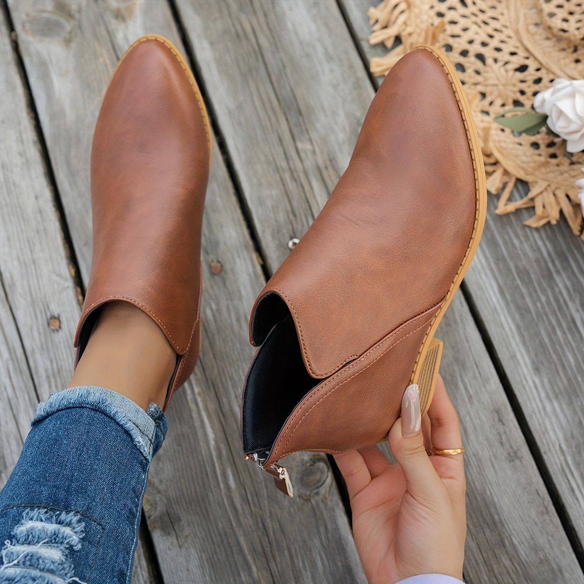 Women's Ankle Boots Solid Color Chunky Heel Pointed Toe Winter Shoes