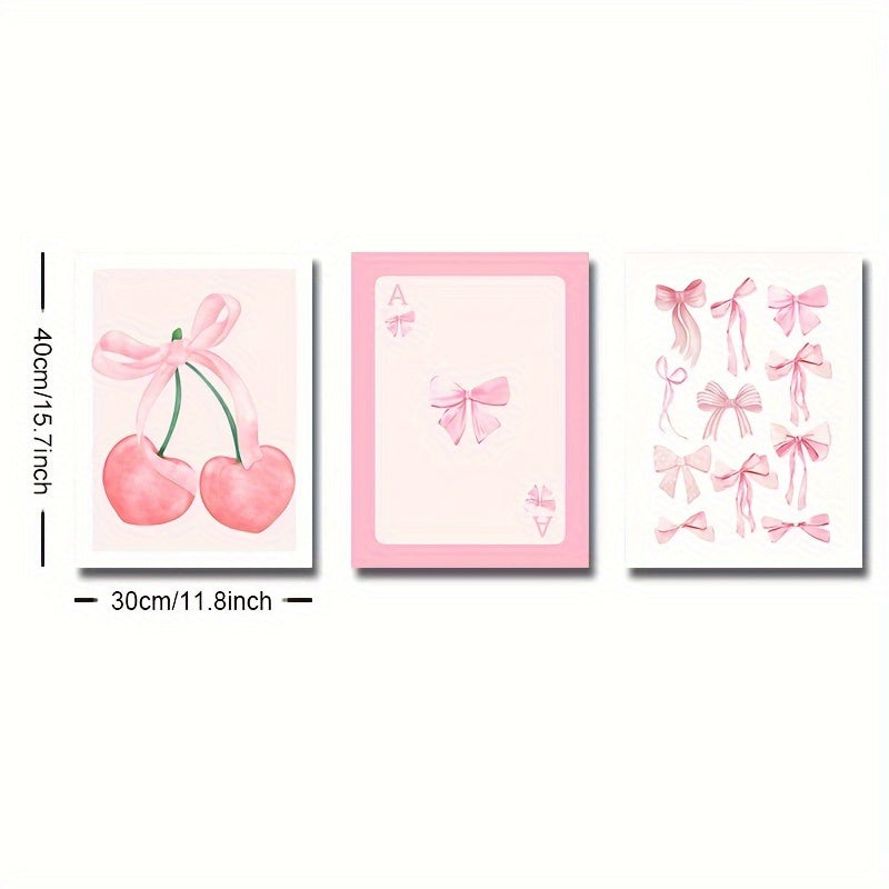 Set of 3 Pink Cherry Bow Canvas Wall Art Prints for Girl Room Bedroom Living Room Decor