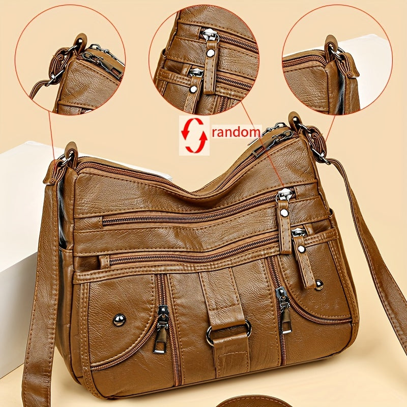 Women's Synthetic Leather Crossbody Bag with Anti-Theft Zipper and Adjustable Strap