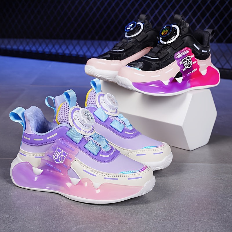 Girls Casual Platform Sneakers with Rotating Button Shock-Absorbing Running Basketball Shoes