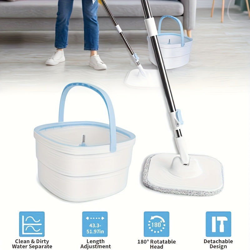 Hands-Free Rotating Mop and Bucket Set with Microfiber Pads for Wet and Dry Cleaning