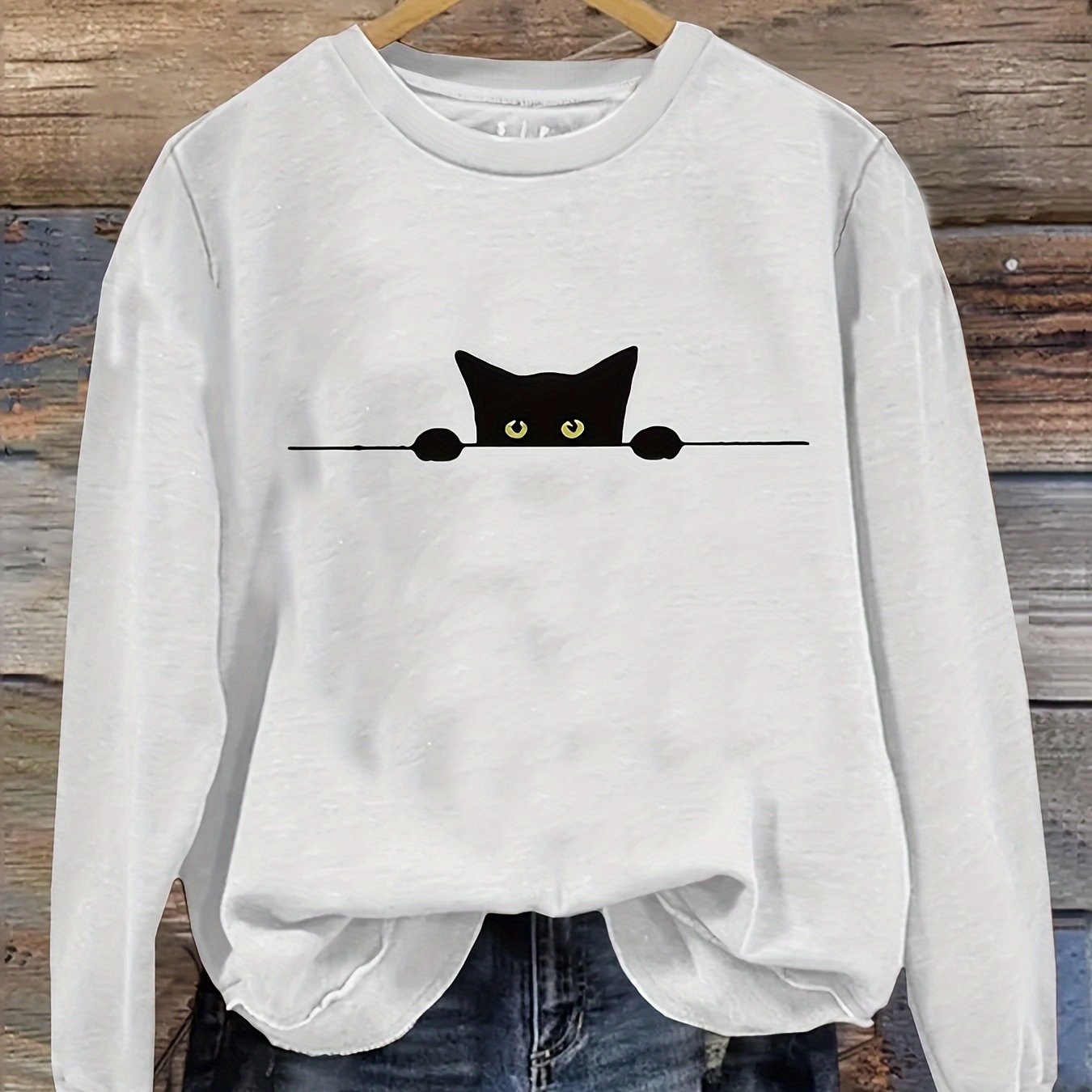 Plus Size Women's Cat Print Sweatshirt Long Sleeve Crew Neck Pullover