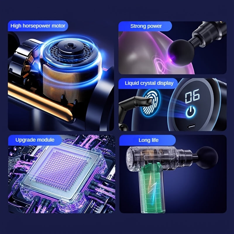 Masajeador eléctrico de fascia con 4 cabezales reemplazables, compacto y ligero para relajación post-ejercicio