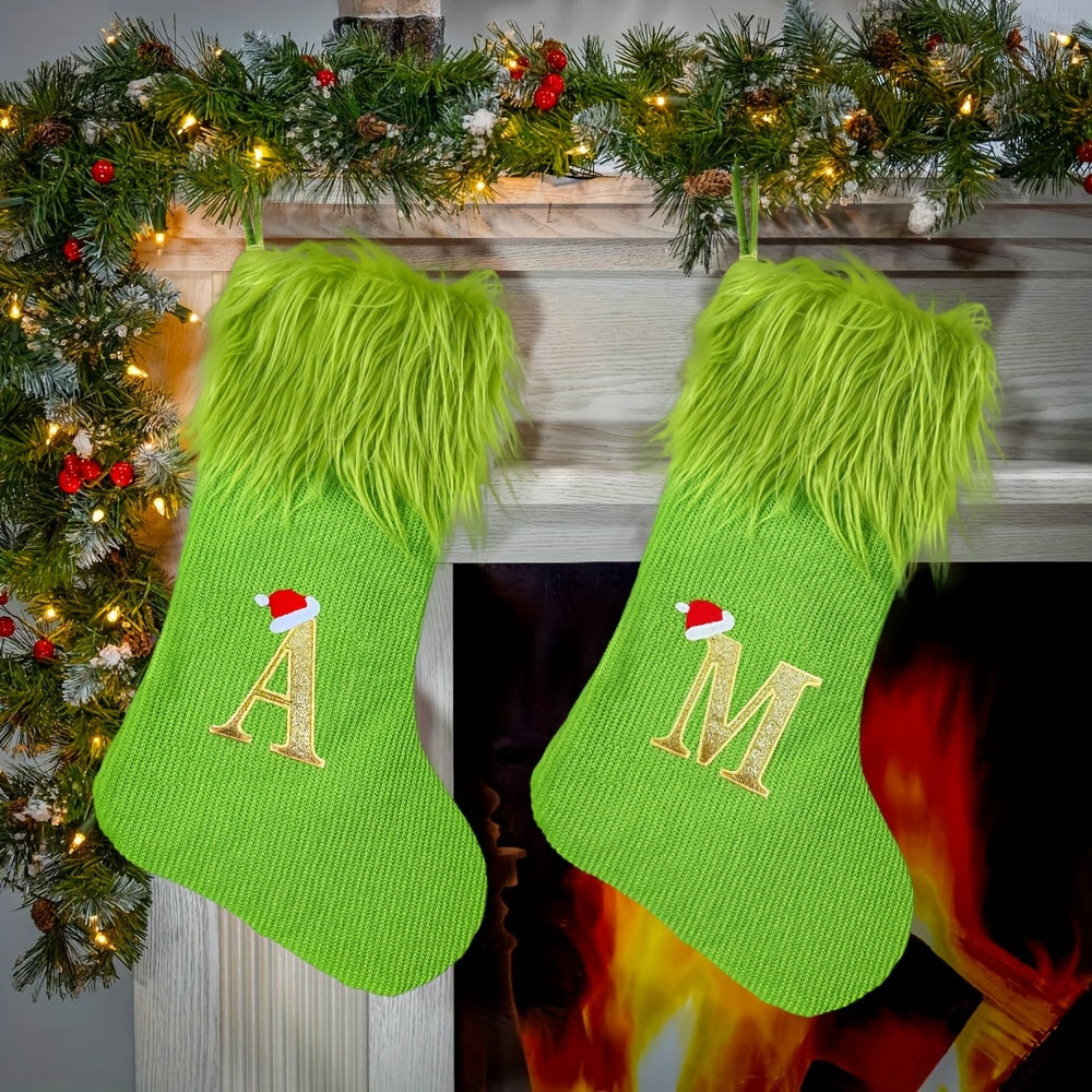 Green Christmas Stocking with Custom Initial Embroidery for Holiday Gifts