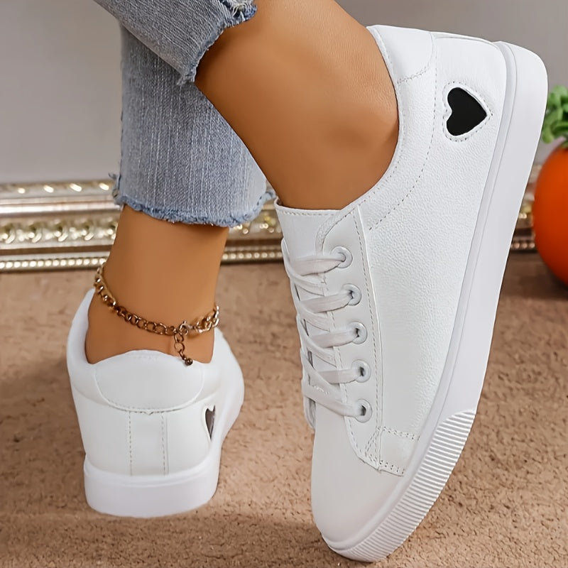 Women's White Casual Sneakers with Heart Pattern Breathable Fabric Rubber Sole
