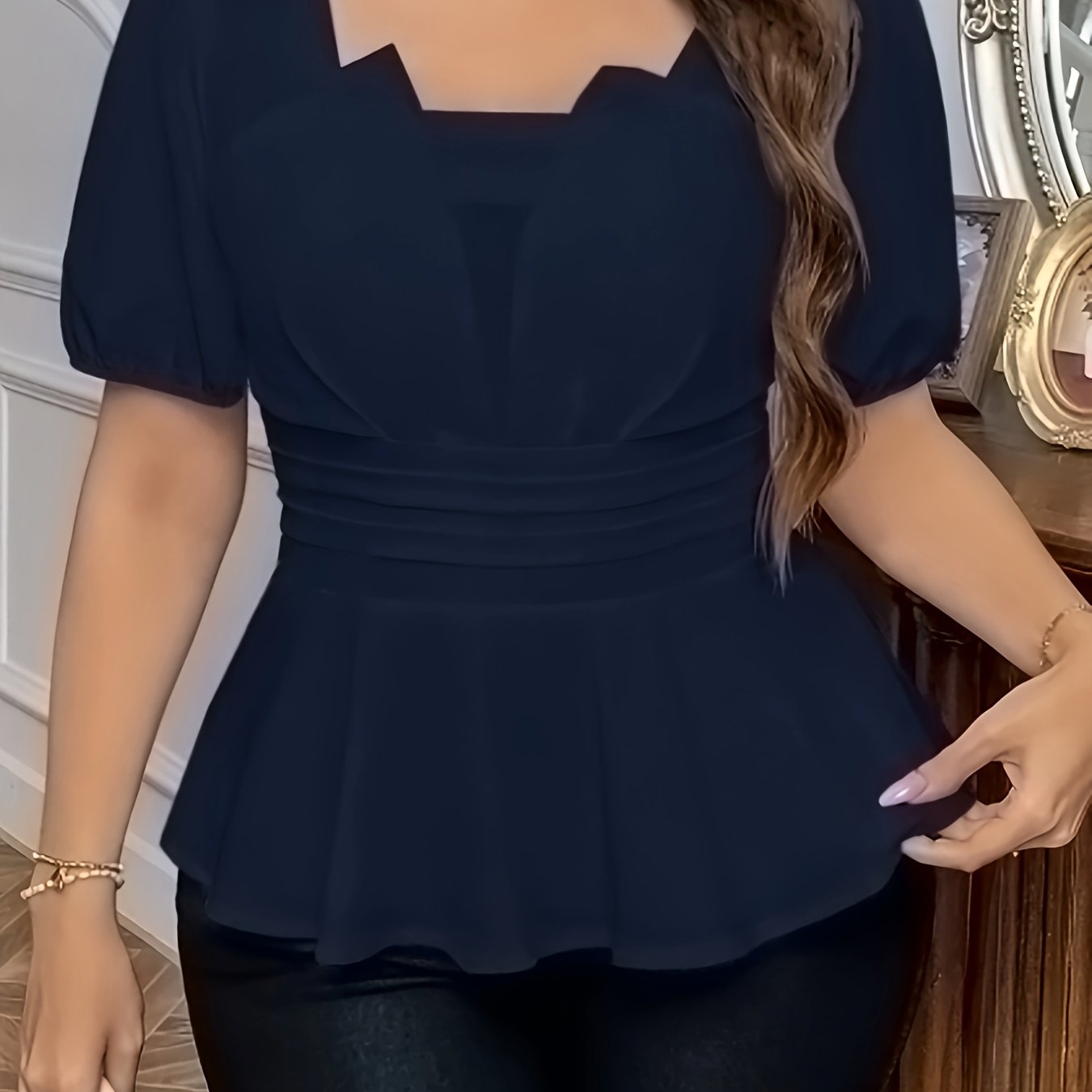 Plus Size Women's Blouse Short Sleeve Square Neck Soft Pink Flowy Top