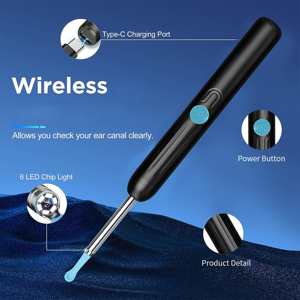 USB zaryadlash bilan qayta zaryadlanuvchi LED quloq mumini olib tashlash to'plami, vizual quloq tozalash vositasi, bir nechta ucliklar va tozalash cho'tkalari o'z ichiga oladi.