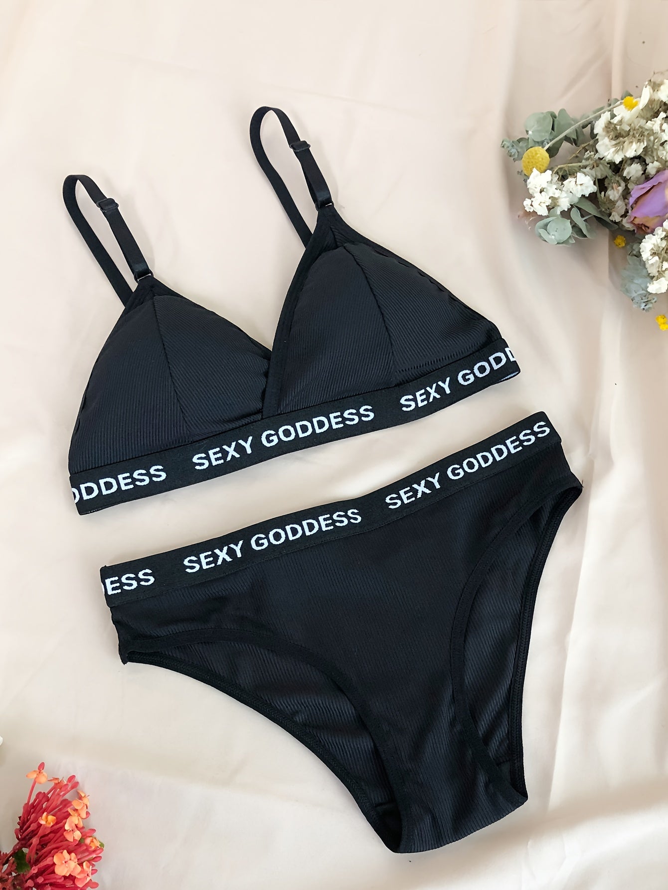 Women's Lingerie Set with Letter Print Wireless Bra and Elastic Panties Three-Piece