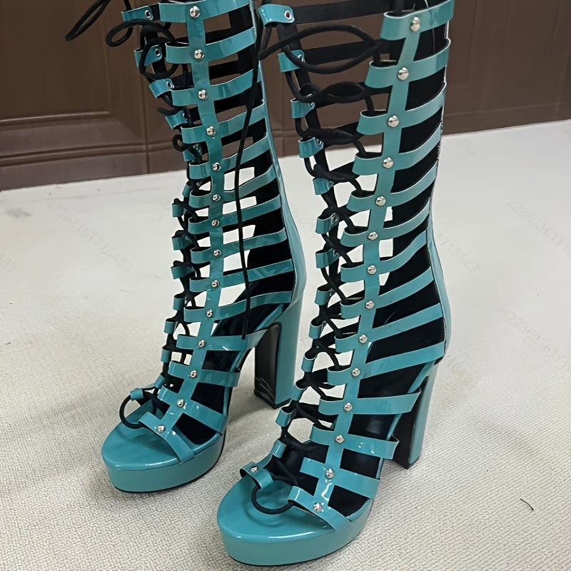 Women's Mint Green Studded Open Toe Chunky Heel Summer Shoes