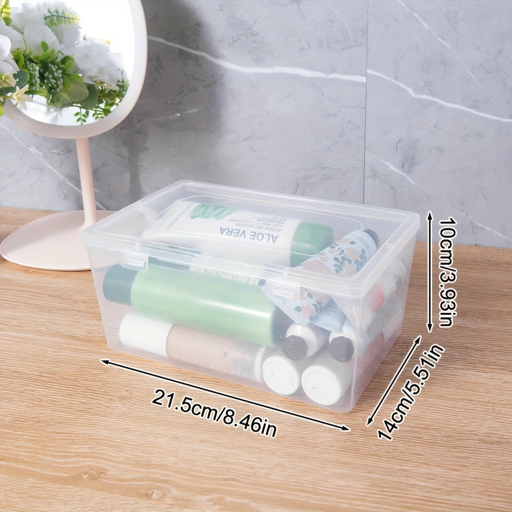 Caja de almacenamiento transparente con tapa abatible para organización de mascarillas y objetos pequeños