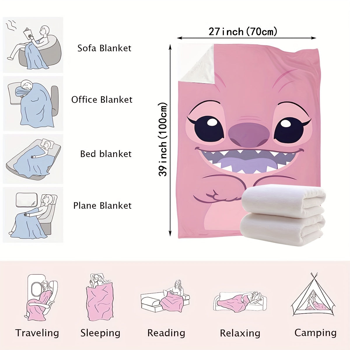 Pink Plush Throw Blanket with Cartoon Design Soft Polyester Knit for Bed Sofa Travel
