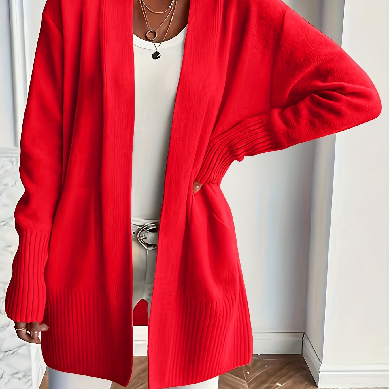 Women's Long Sleeve Knit Cardigan with Open Front and Pockets Fall Winter Solid Color Loose Fit