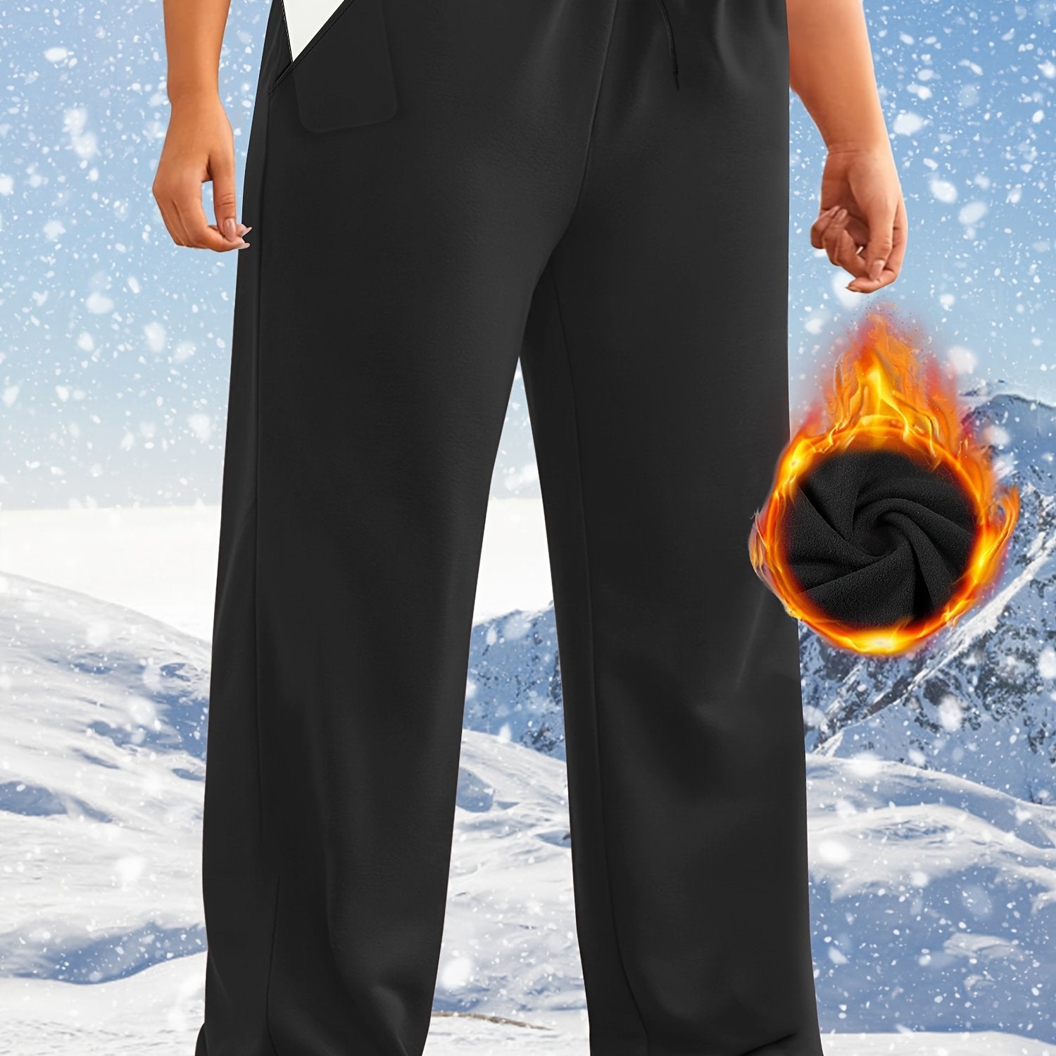 Plus Size Wide Leg Pants with Drawstring Pockets Fall Winter High Stretch Polyester