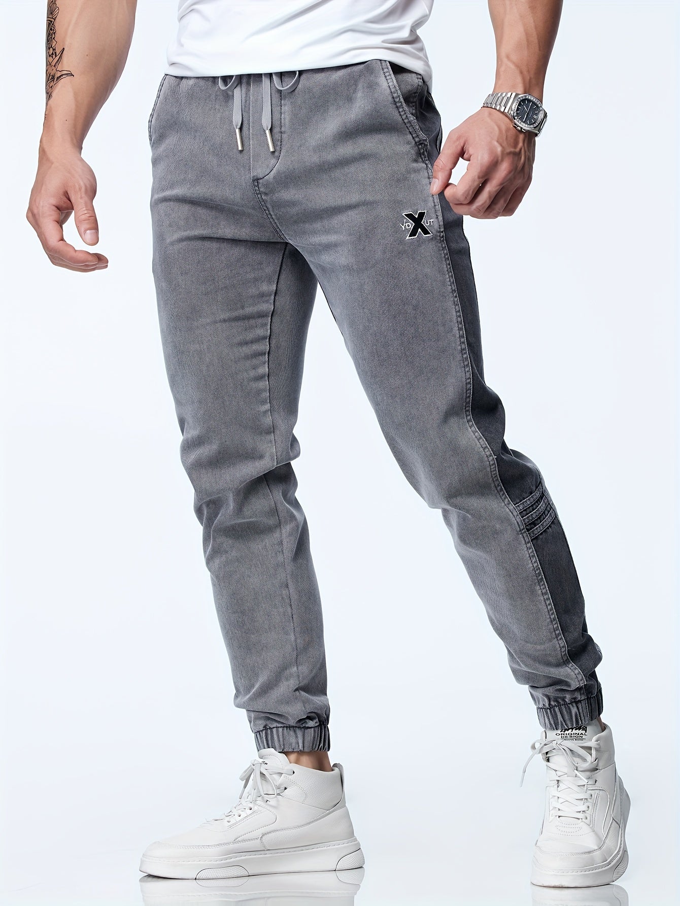 Men's Cotton Blend Cropped Embroidered Casual Harem Joggers with Drawstring