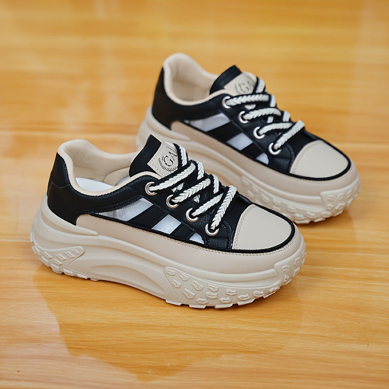 Women's Breathable Mesh Casual Sneakers White Red Chunky Sole