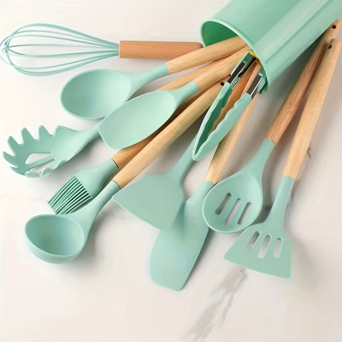 12-Piece Silicone Kitchen Utensil Set with Wooden Handles Khaki Non-Stick Heat-Resistant