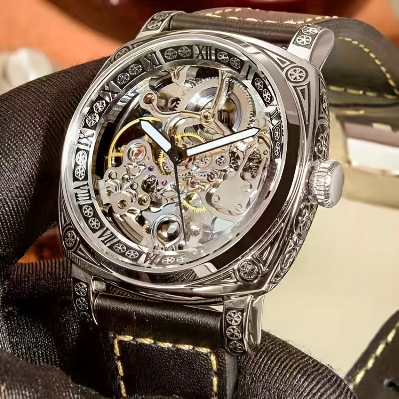 Men's Silver Retro Hollow-Out Automatic Mechanical Watch Business Style