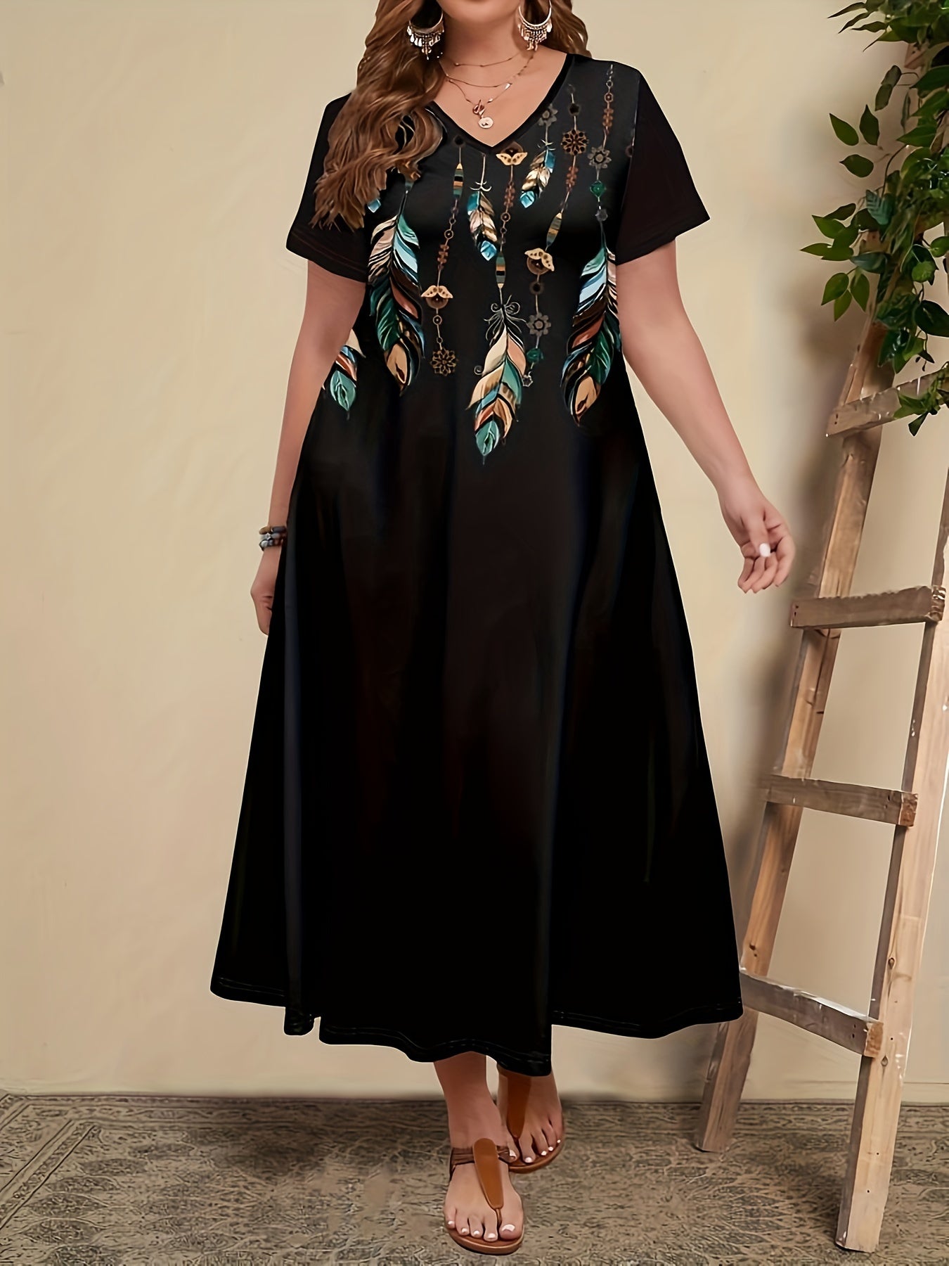 Plus Size V-Neck Tunic Dress with Elegant Print and Slight Stretch Knit Fabric