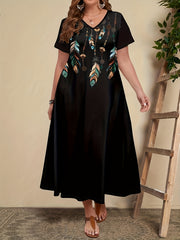 Plus Size V-Neck Tunic Dress with Elegant Print and Slight Stretch Knit Fabric