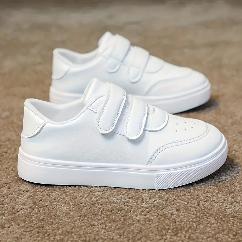 Kids White Low-Top Casual Sneakers with Elastic Fastener Straps Breathable Fabric Rubber Sole
