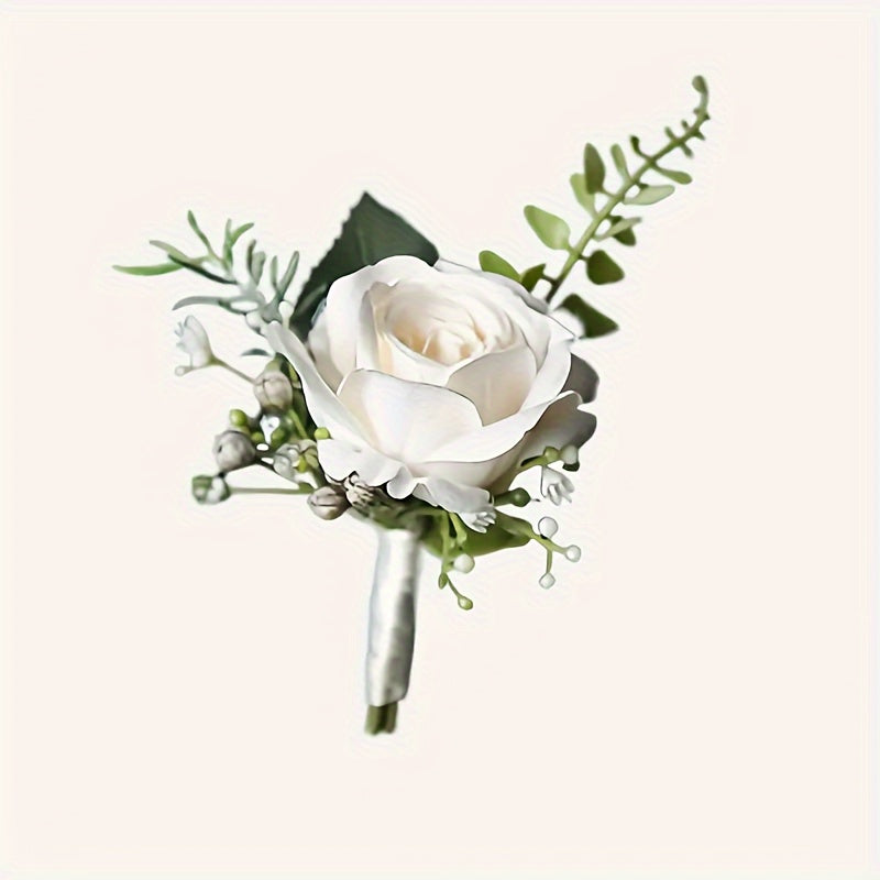 White Rose Corsage for Men Polyester Boutonniere for Weddings and Special Occasions