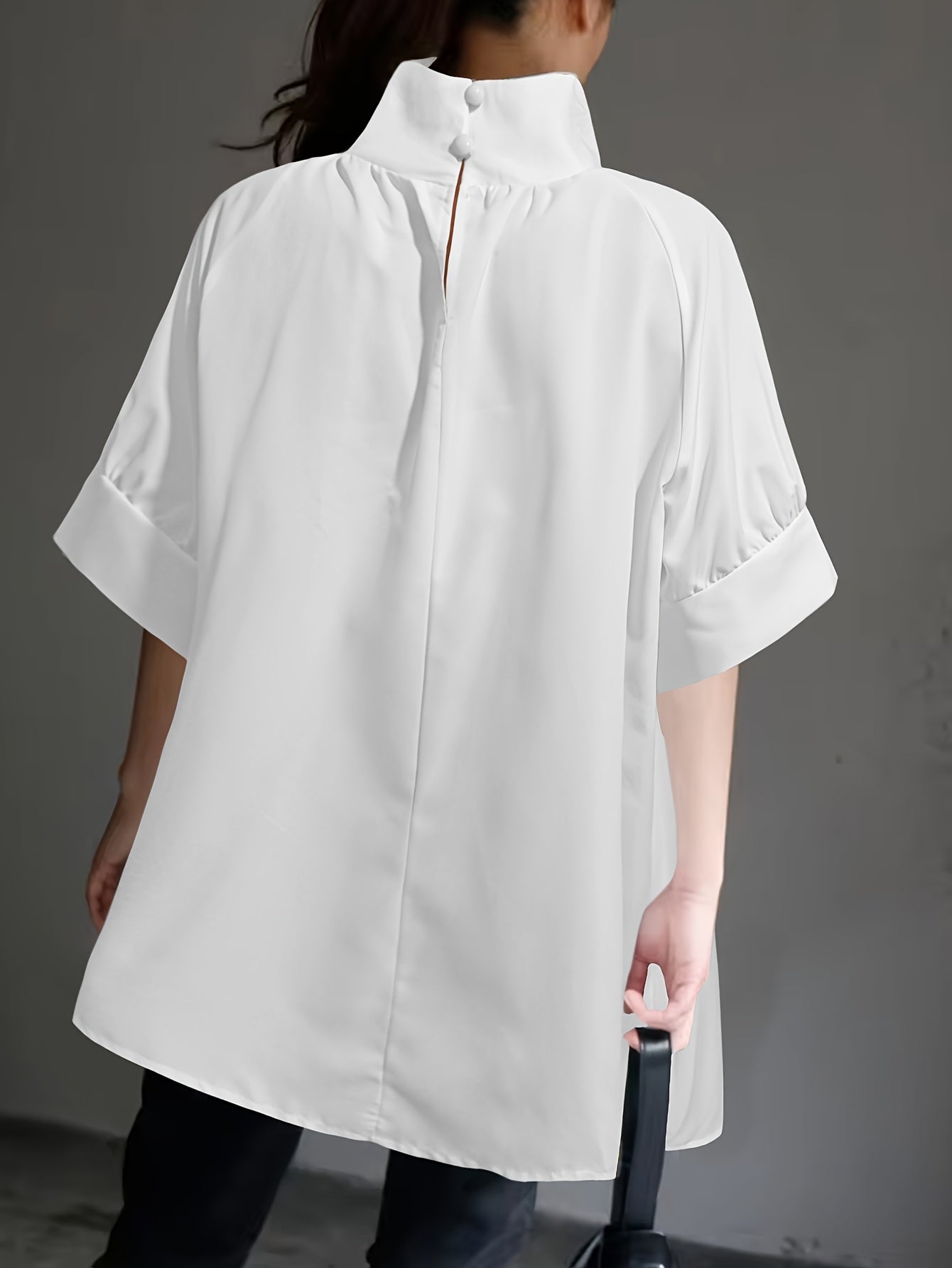 White Women's Casual Woven Cotton Short Sleeve Shirt with Stand Collar