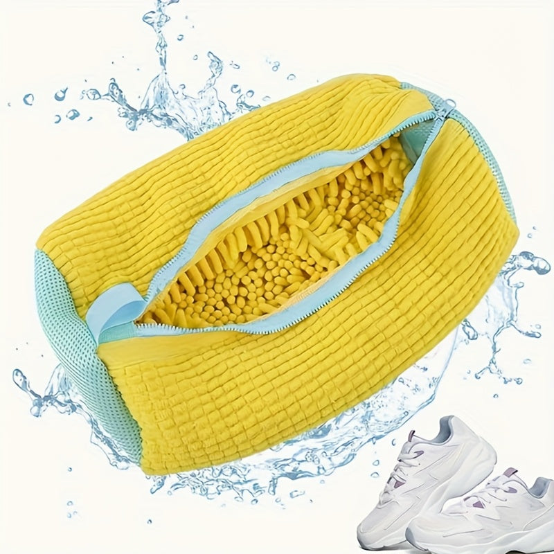 Yellow Polyester Shoe Washing Bag with Mesh Pockets Zipper Safe Laundry
