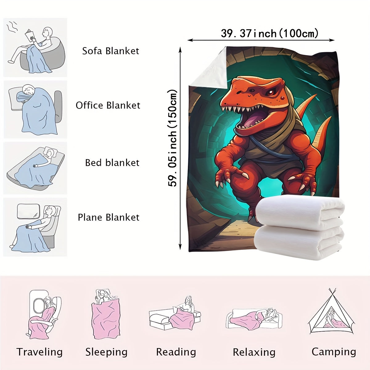 Cartoon Dinosaur Print Knitted Polyester Throw Blanket for Kids and Adults