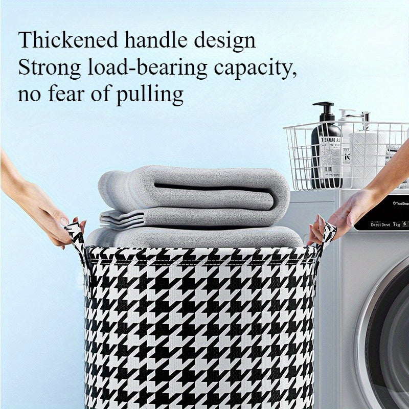 Foldable Laundry Hamper in Houndstooth Pattern Non-Woven Fabric for Clothes and Toys