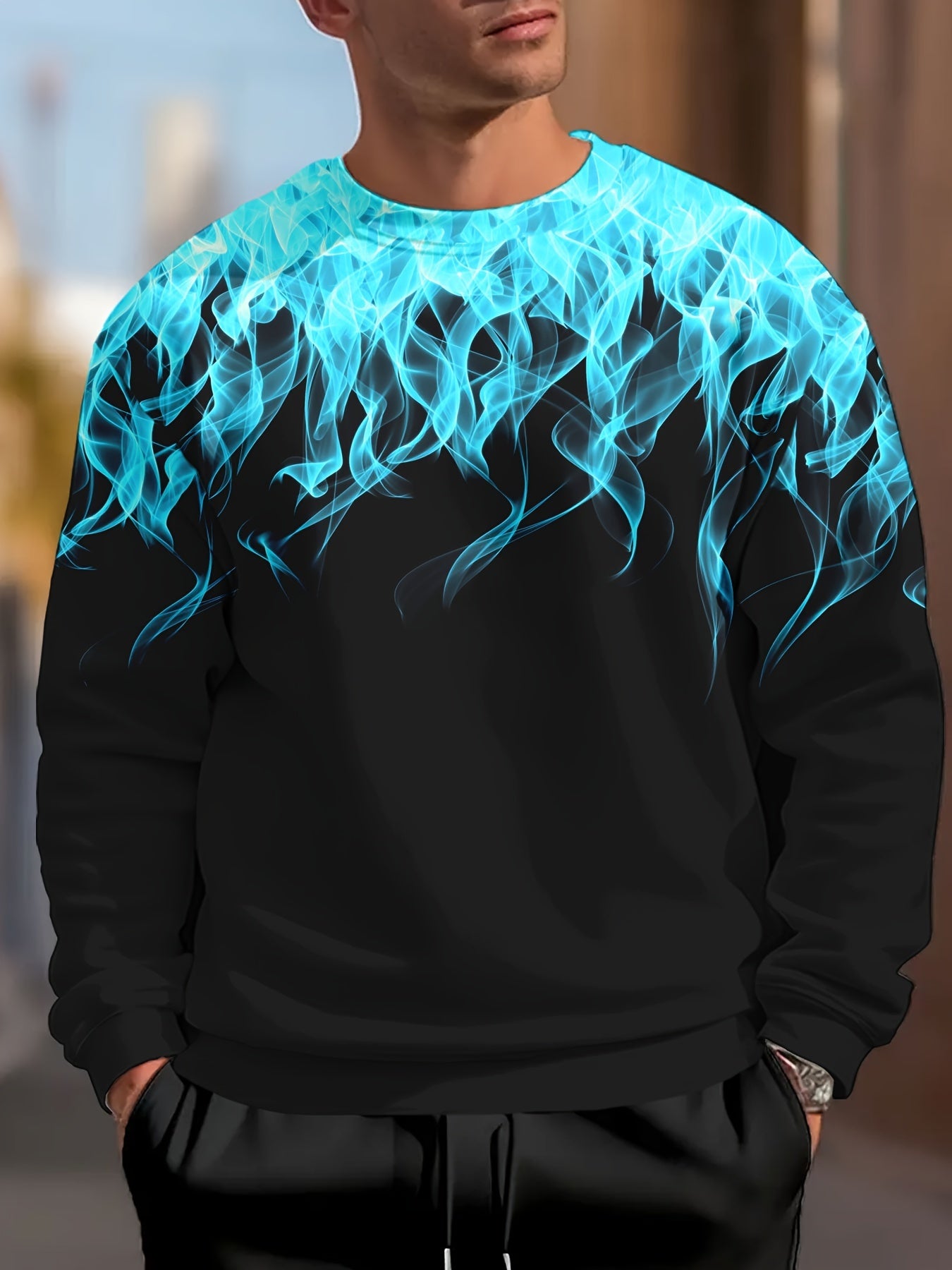 Men's Plus Size Casual Sweatshirt with Blue Flame Print Polyester Blend Fall Winter
