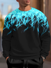 Men's Plus Size Casual Sweatshirt with Blue Flame Print Polyester Blend Fall Winter