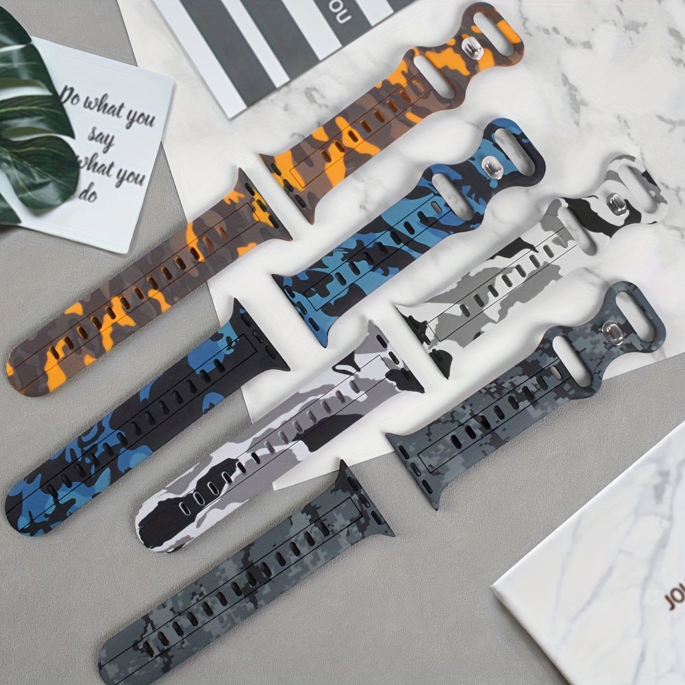 Ko'p rangli kamuflyaj silikondan yasalgan sport tasmasi IWatch Series 9-1 SE uchun, suv o'tkazmaydigan, terga chidamli, qulay, mustahkam, metall sozlash teshigi bilan, kapalak dumiga o'xshash dizayn.