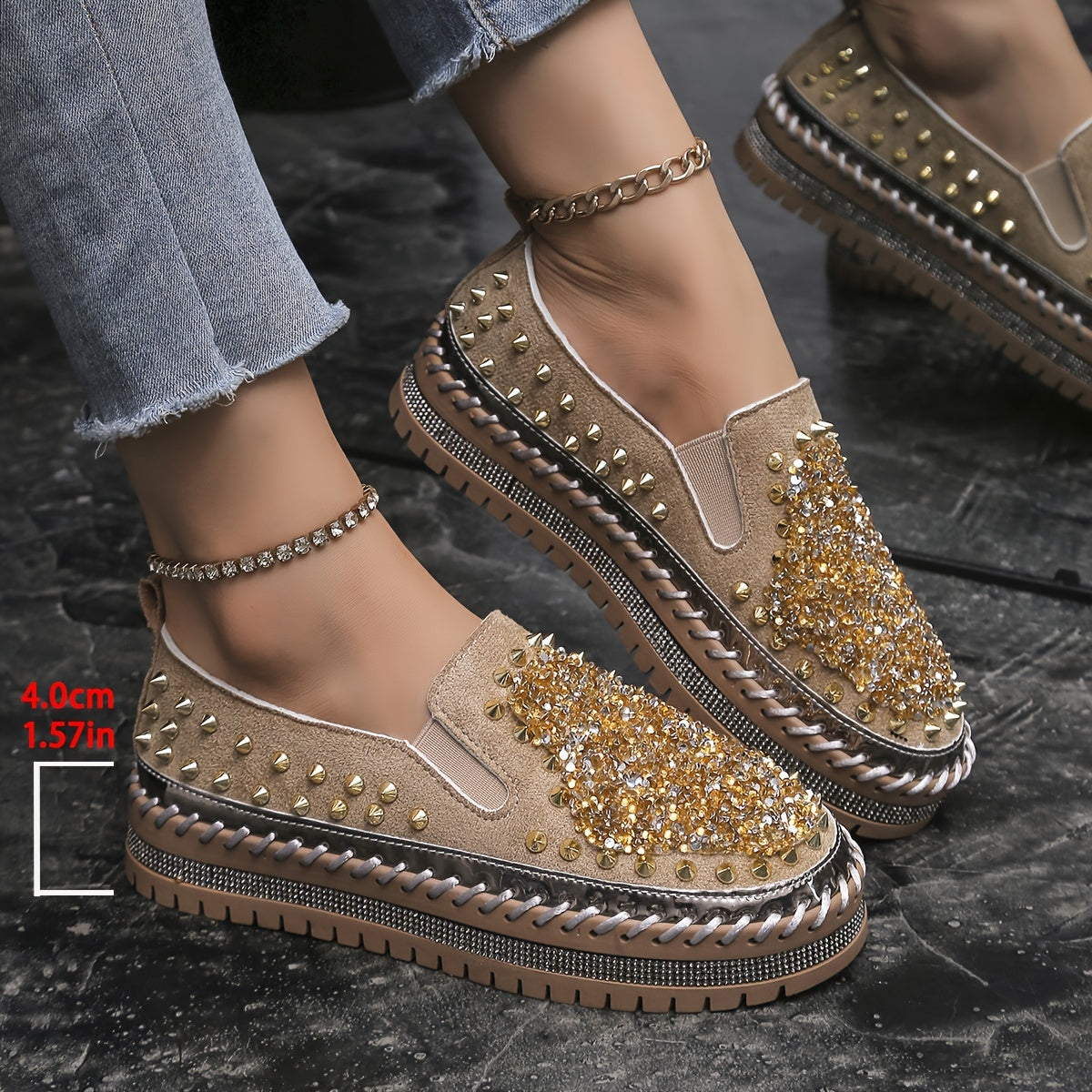 Ayollar uchun kundalik sport poyabzali, rhinestones bilan, engil slip-on loaferlar