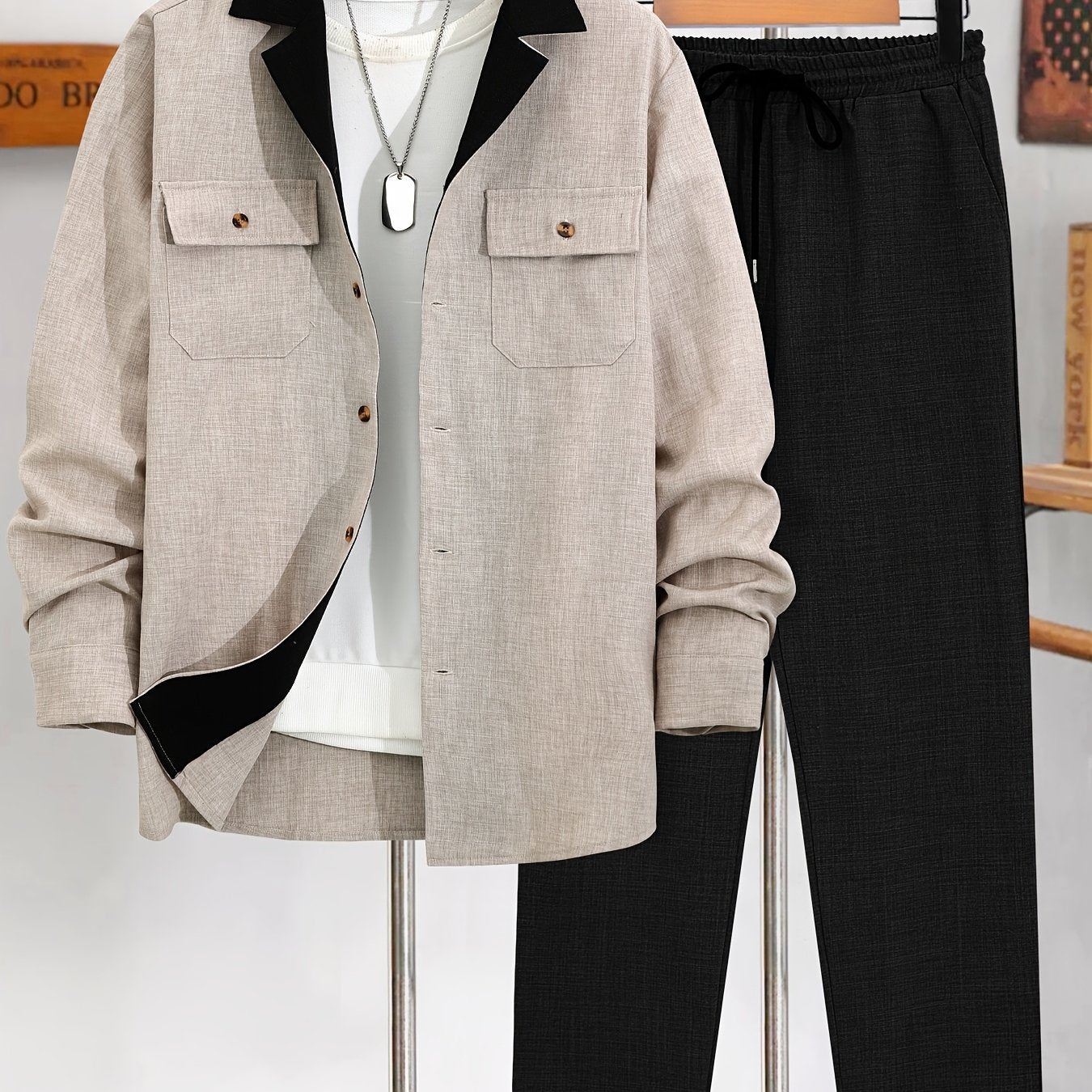 Мужской повседневный костюм из легкого полиэстера, брюки и рубашка с длинными рукавами