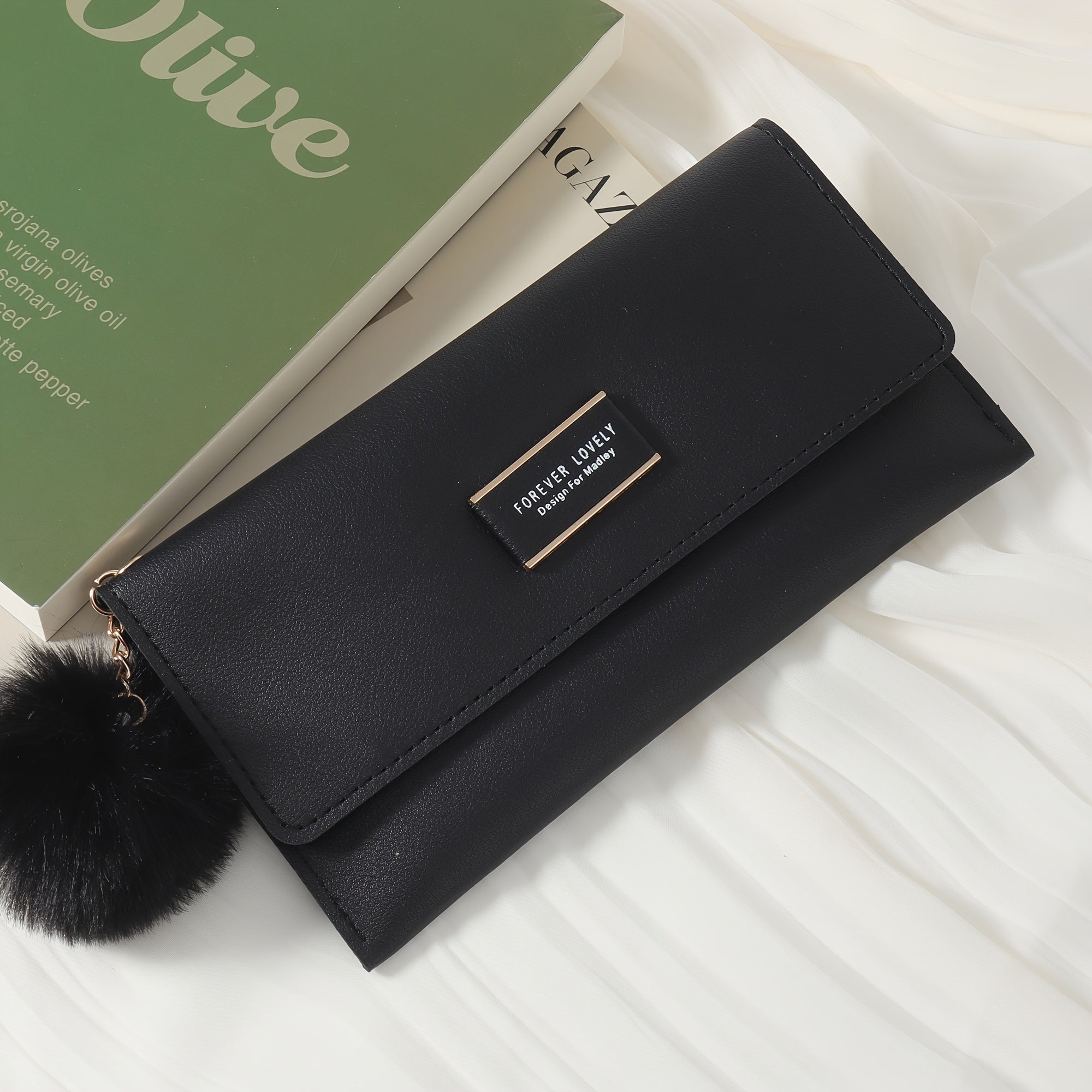 Women's Foldable PU Wallet with Fur Ball Decoration and Card Slots