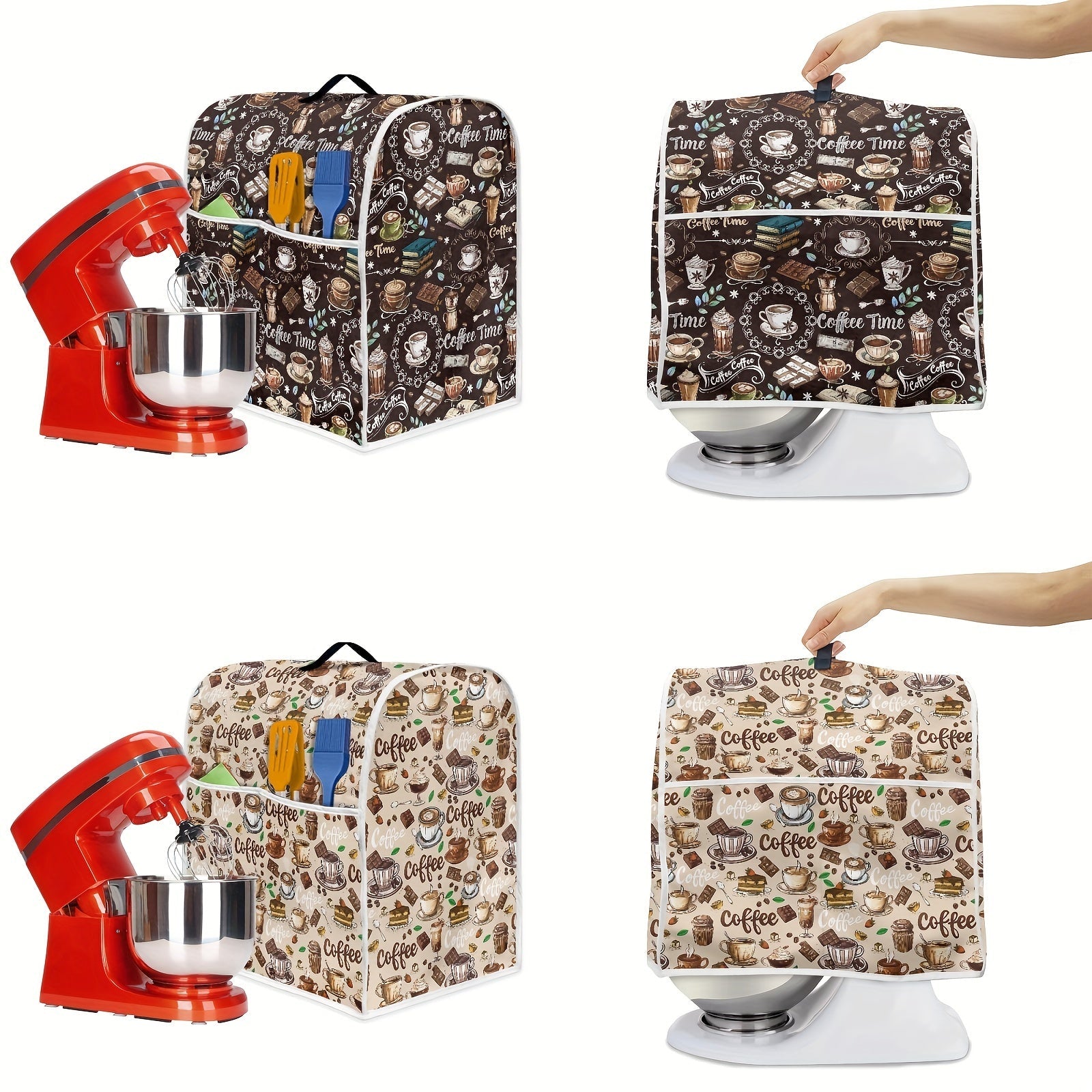Coffee-Themed Stand Mixer Cover Dustproof Protective Kitchen Appliance Cover with Pockets