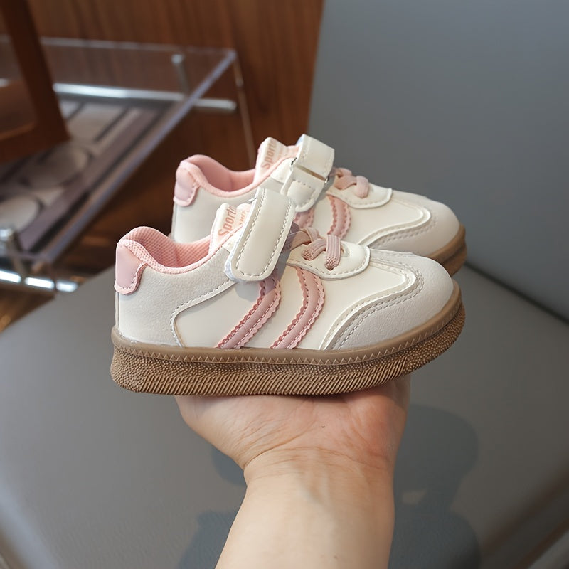 Kids Breathable Sneakers with Hook-and-Loop Closure, Soft Beige and White Soles for Casual Outdoor Wear
