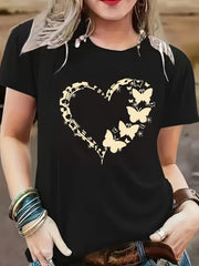 Women's Plus Size Leopard Heart Butterfly Print Black Short Sleeve T-Shirt Casual Breathable Stretch Summer Fall