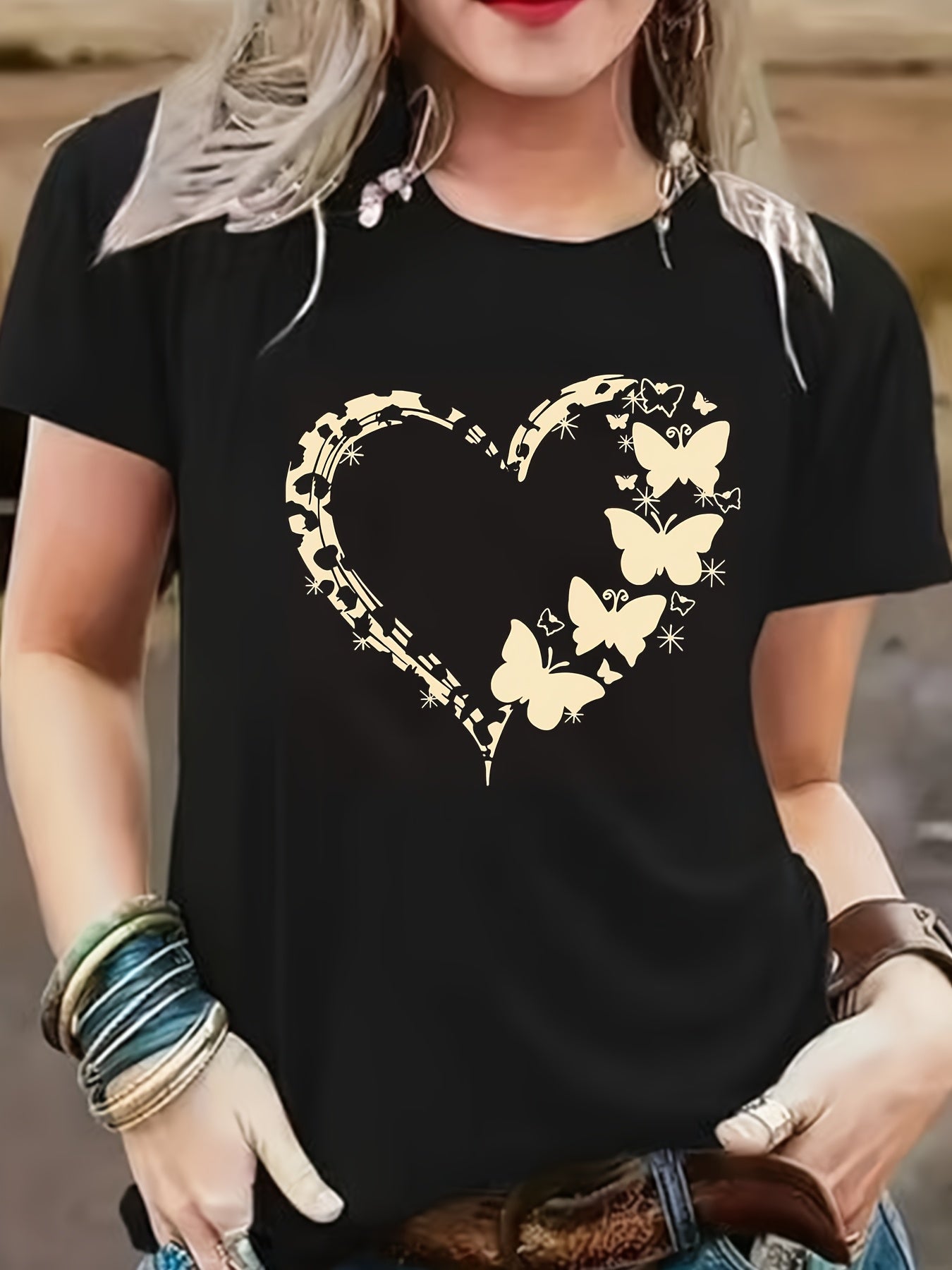 Women's Plus Size Leopard Heart Butterfly Print Black Short Sleeve T-Shirt Casual Breathable Stretch Summer Fall