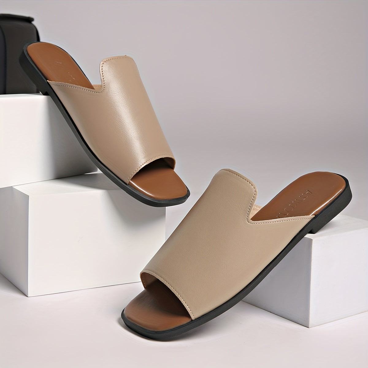 Women's Summer Flat Sandals Black Faux Cover Tan Sole Slip-On Arch Support