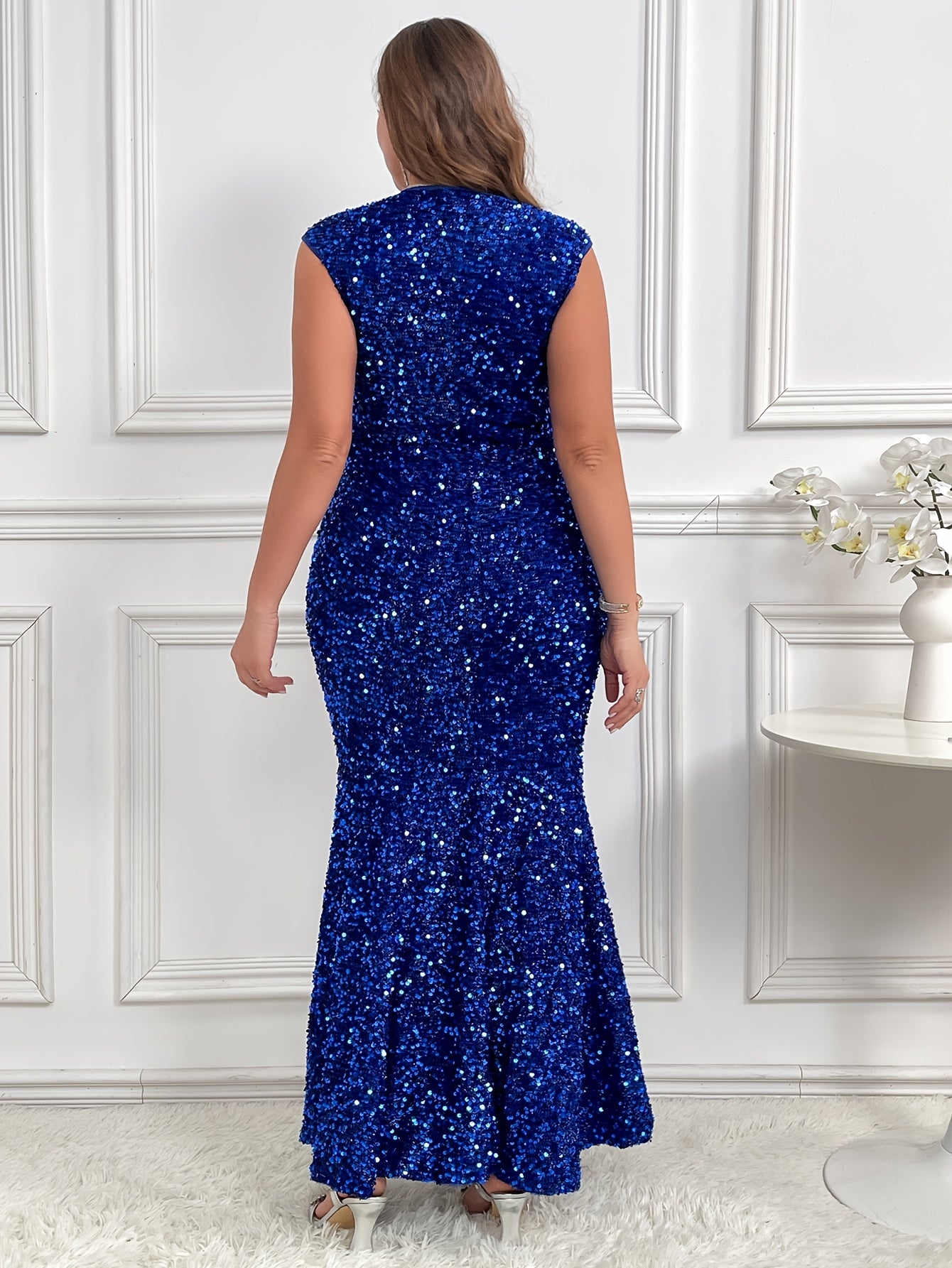 Plus Size Women's Sequin Mermaid Dress Floor Length Formal Gown Blue Gala Wear