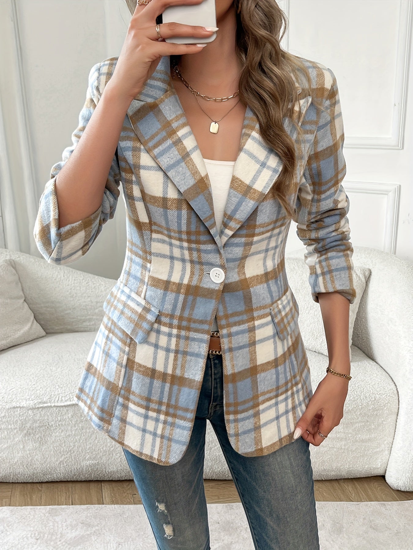 Women's Plaid Blazer Long Sleeve Casual Office Workwear Polyester