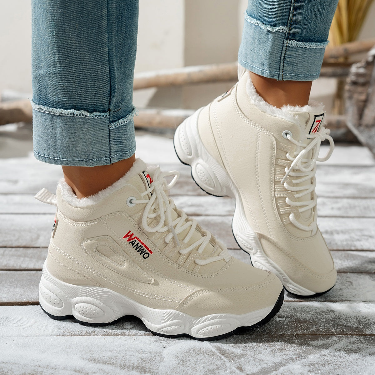Women's Beige Fleece-Lined Platform Ankle Boots with Lace-Up Closure