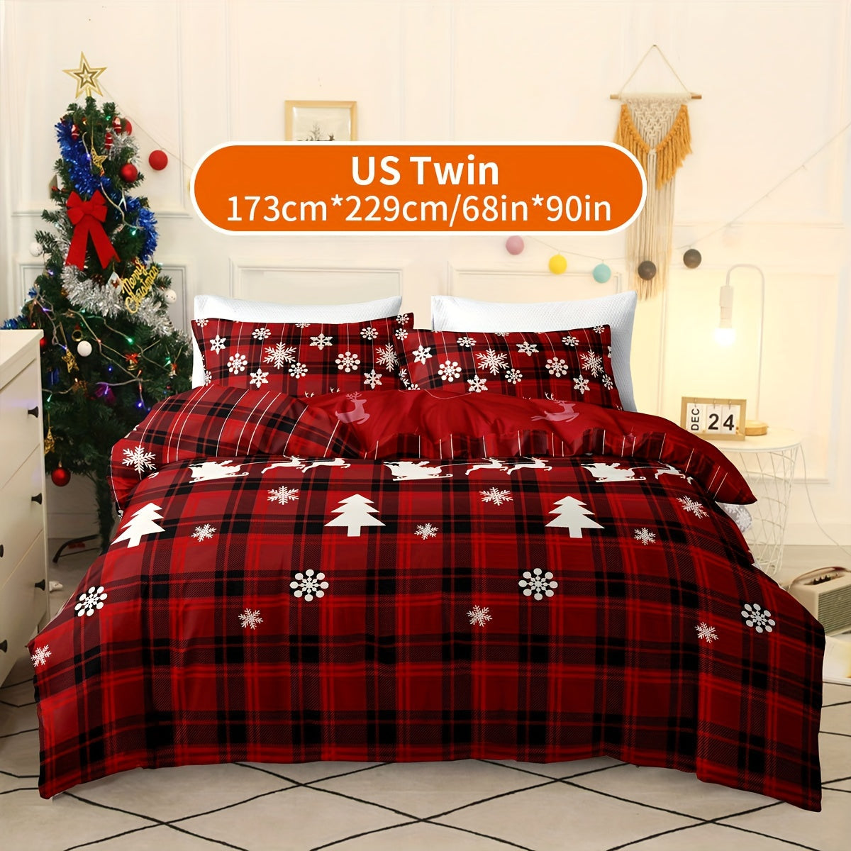 Christmas Themed Bedding Set 3 Pieces Quilt Cover with Elk Snowflake Design