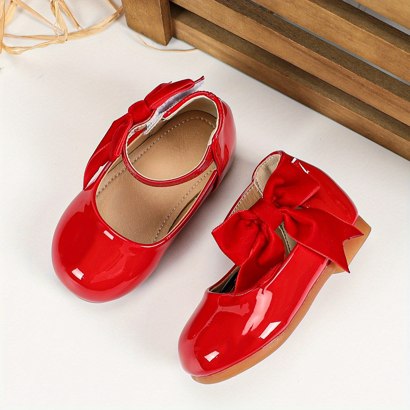 Girls' Casual Mary Jane Shoes with Bow, Lightweight PU, TPR Sole, Adjustable Strap