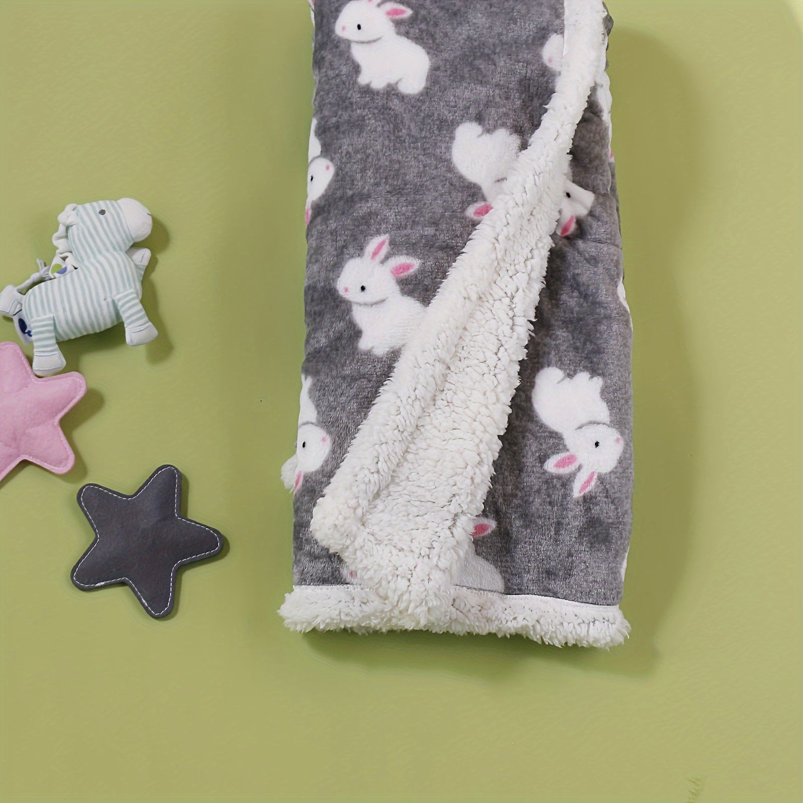Kids Flannel Blanket with Rabbit Pattern for Spring and Autumn Gray Green Thick Cozy Machine Washable