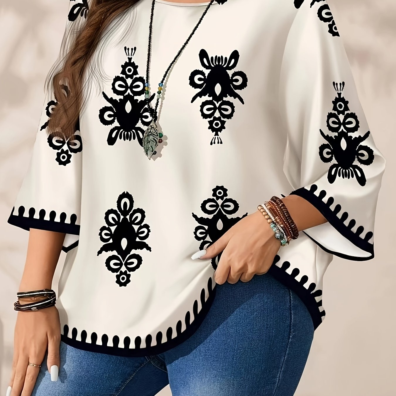 Women's Long Sleeve Round Neck Blouse Black Floral Print All-Season Comfortable