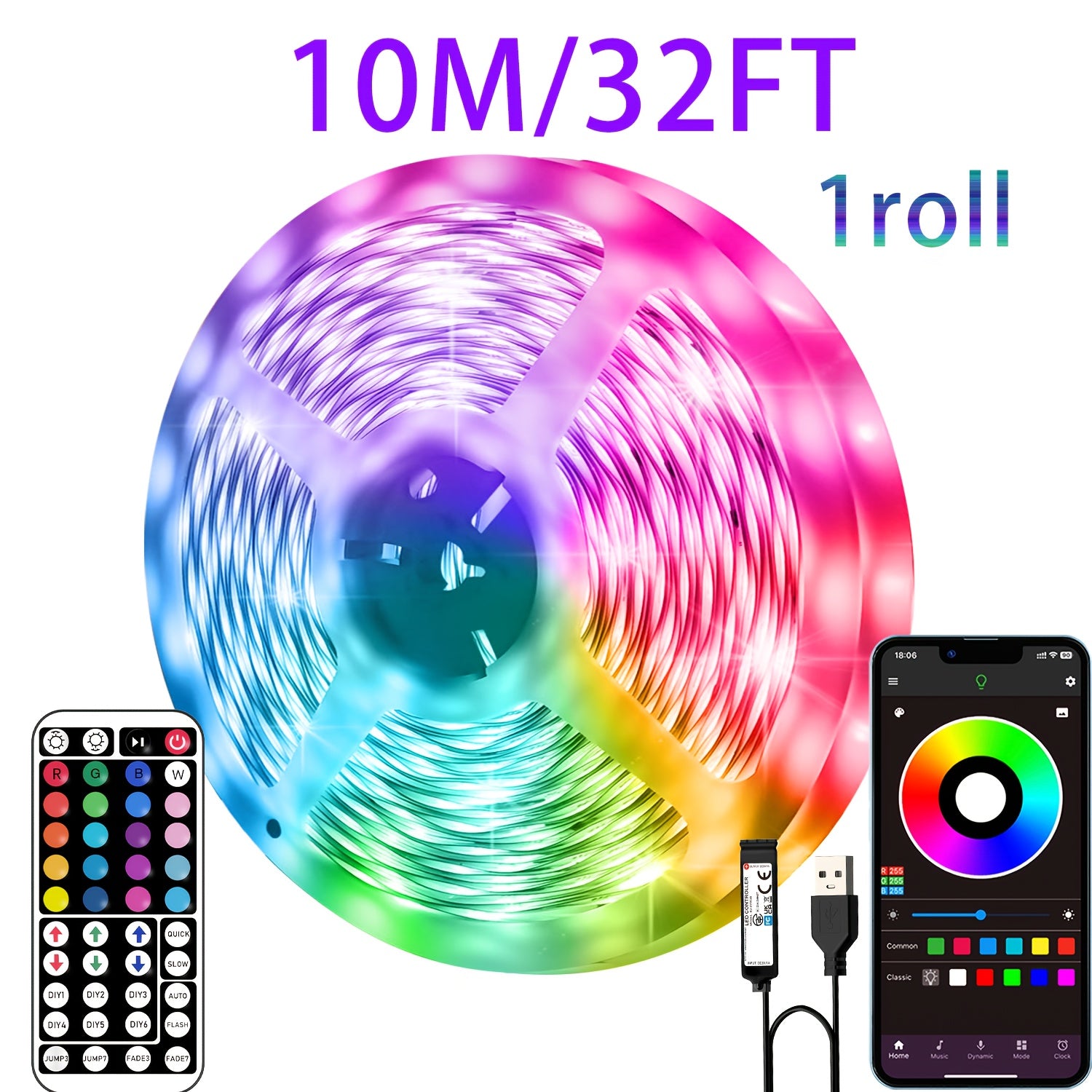 Tira de luces LED RGB de 5V alimentada por USB de 91,44cm a 30,48m con control remoto, aplicación, regulable, cambio de color para dormitorio, sala de estar, fiesta
